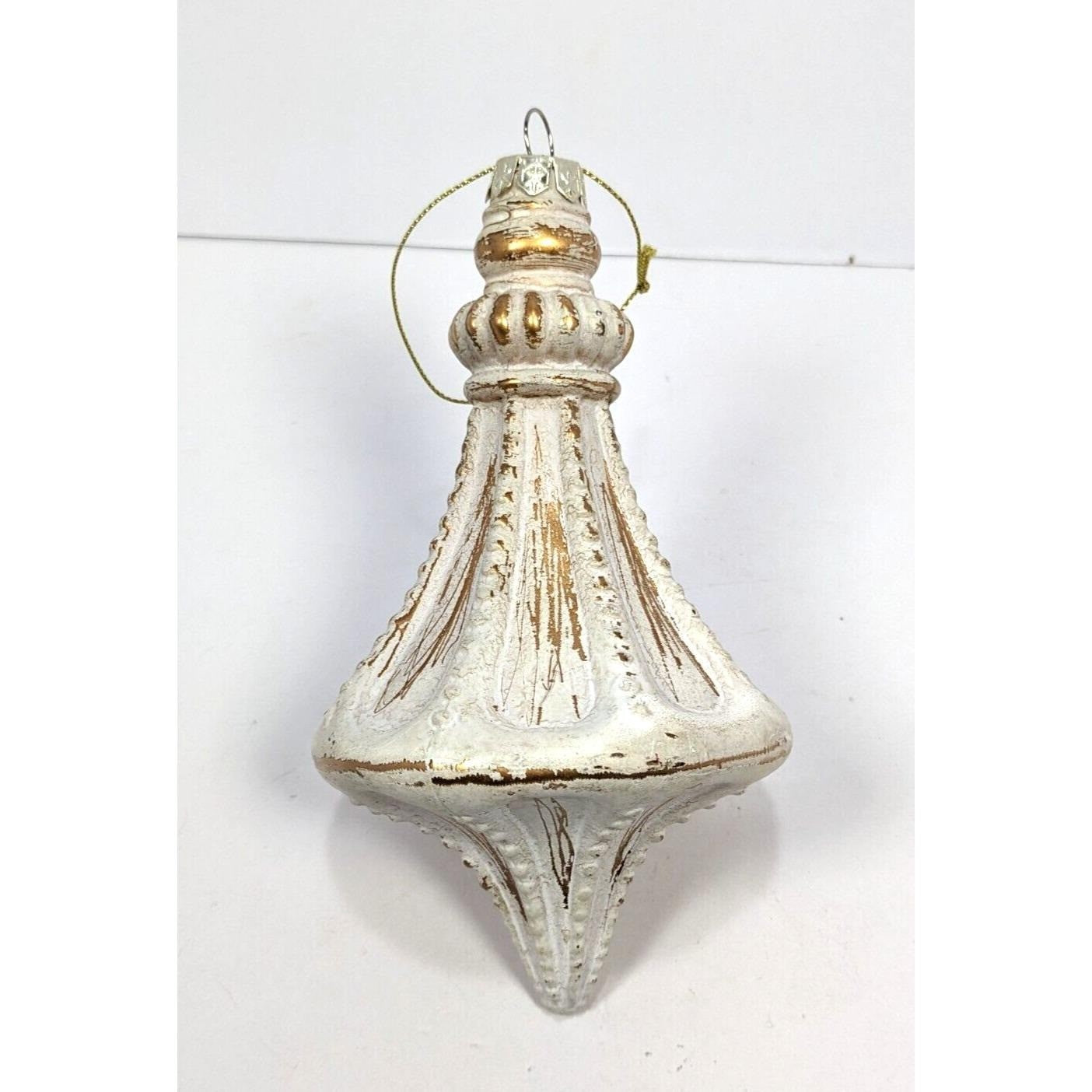 Vintage Glass Ornament White Gold 6 Inch Antiqued Finish