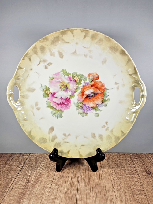 Germany Porcelain 2 Handle Cake Serving Plate Hand Painted Flowers