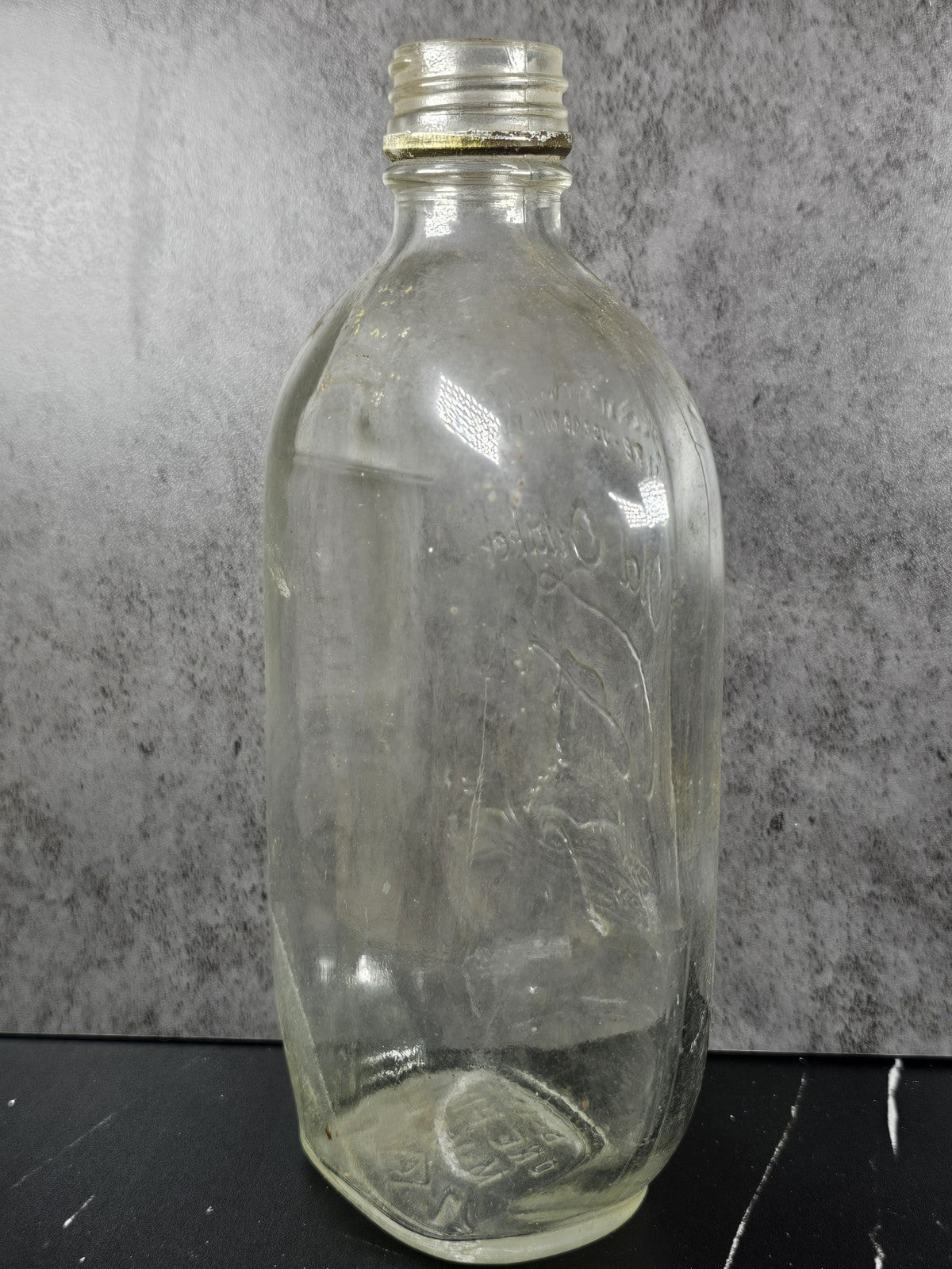 Vintage “Old Quaker” Embossed Clear Glass Whiskey Bottle • One-Pint Collectible