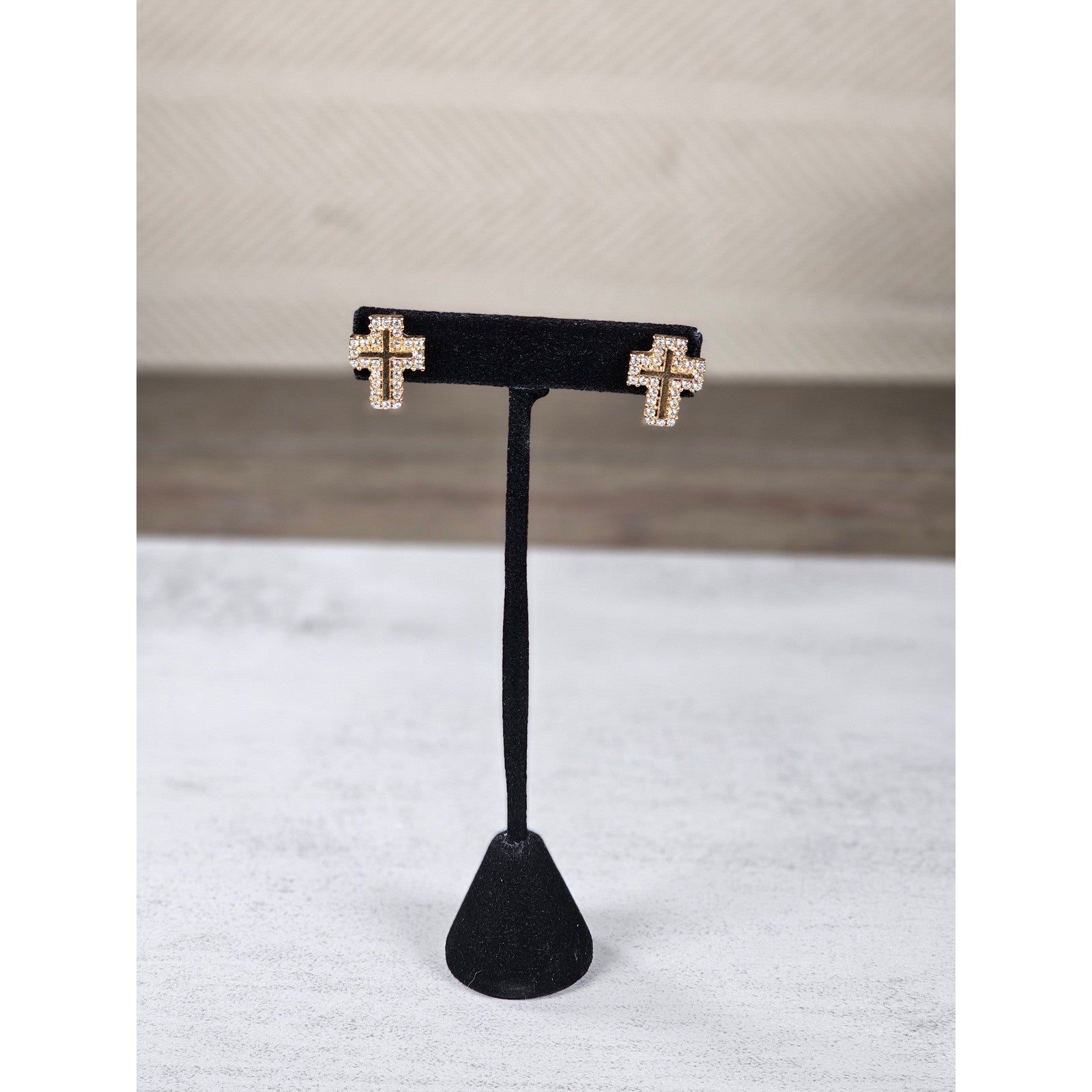 Vintage Gold Tone Cross Stud Earrings Rhinestone Christian Jewelry