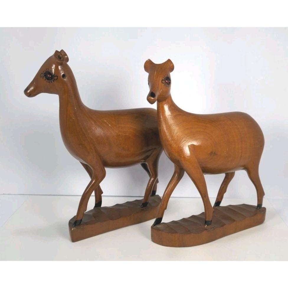 Vintage Hand Carved Wooden Deer Bookends Rustic Lodge Cabin Decor Pair