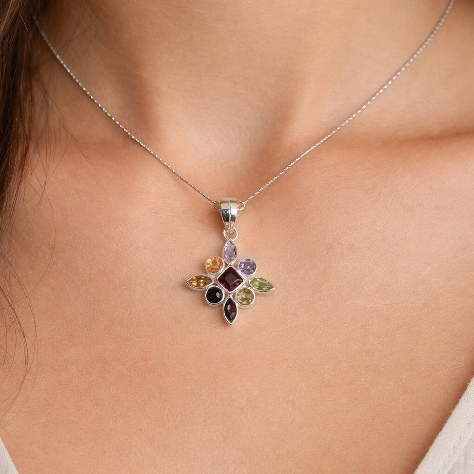 Vintage Sterling Silver Multi-Stone Gemstone Pendant, 925 Floral Design No Chain