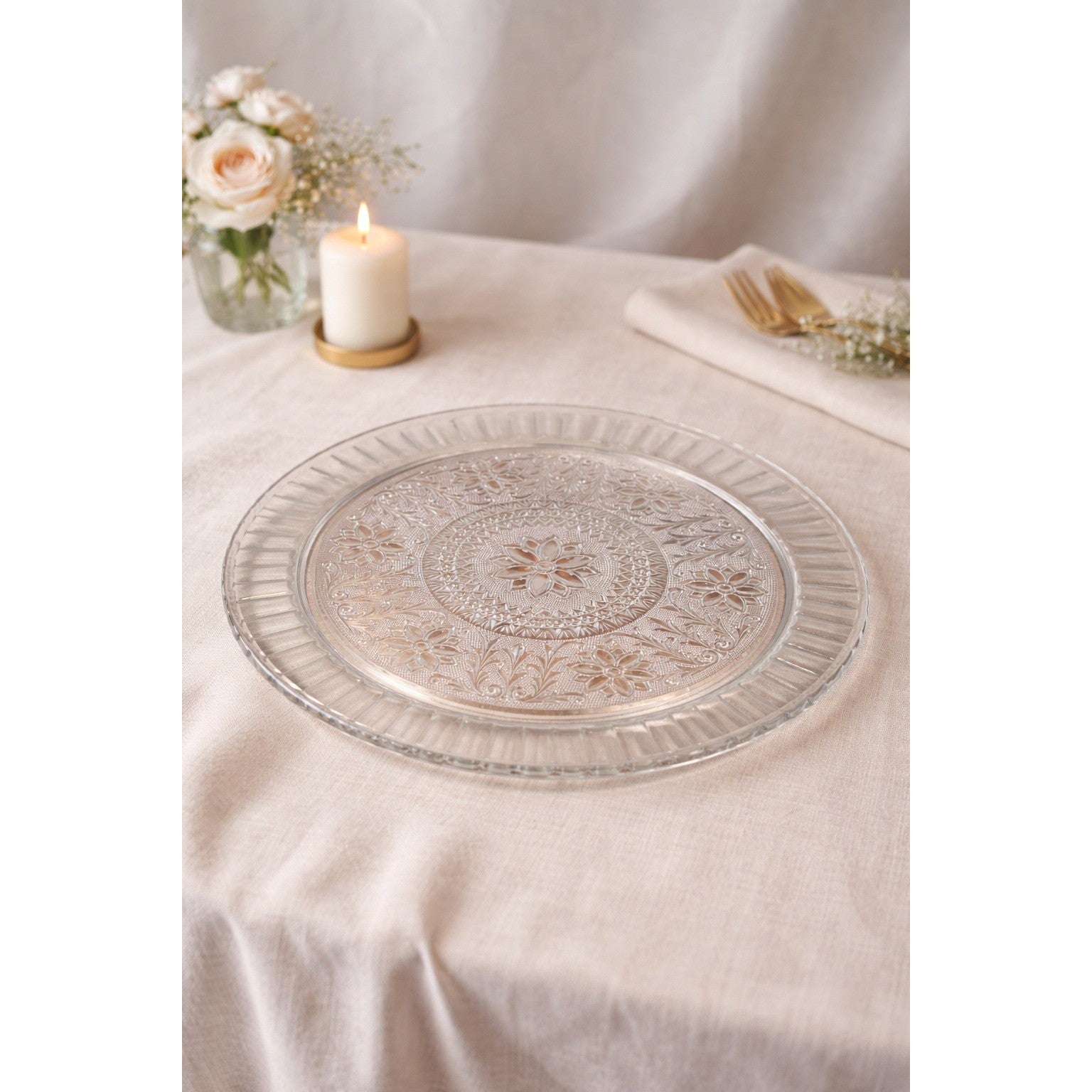 Vintage Pressed Glass Floral Cake Plate | 13" Clear Glass Serving Platter