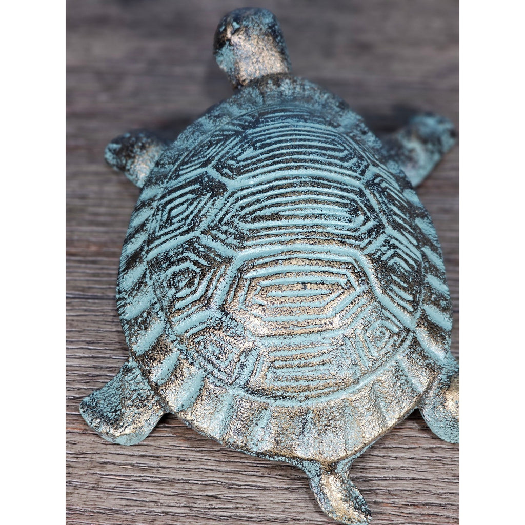 Cast Iron Turtle Decor Tabletop Accent Green Patina Coastal Figurine