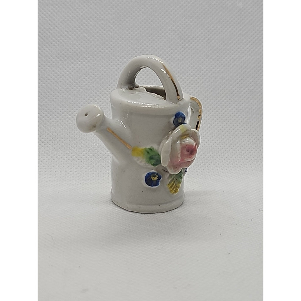 Miniature Vintage Porcelain Watering Can Figurine Roses Gold Trim Japan 2″