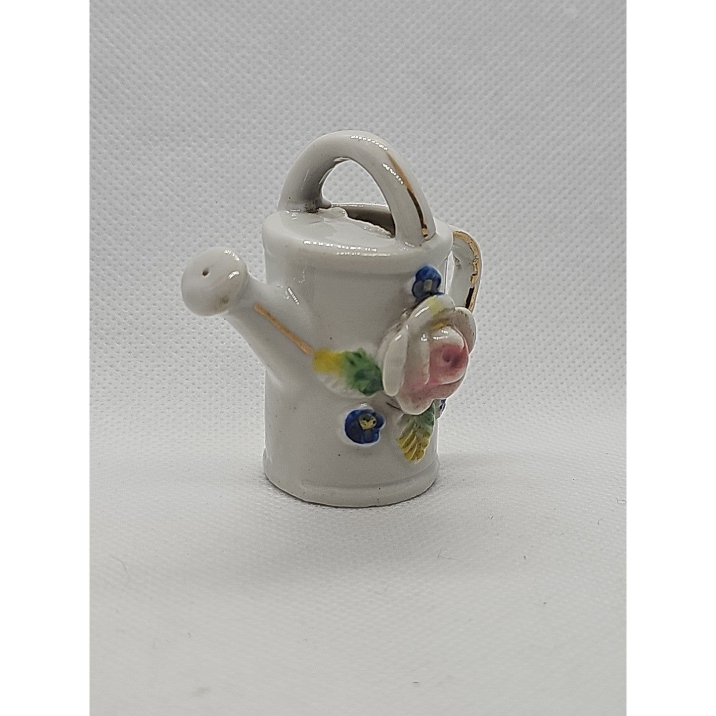 Miniature Vintage Porcelain Watering Can Figurine Roses Gold Trim Japan 2″