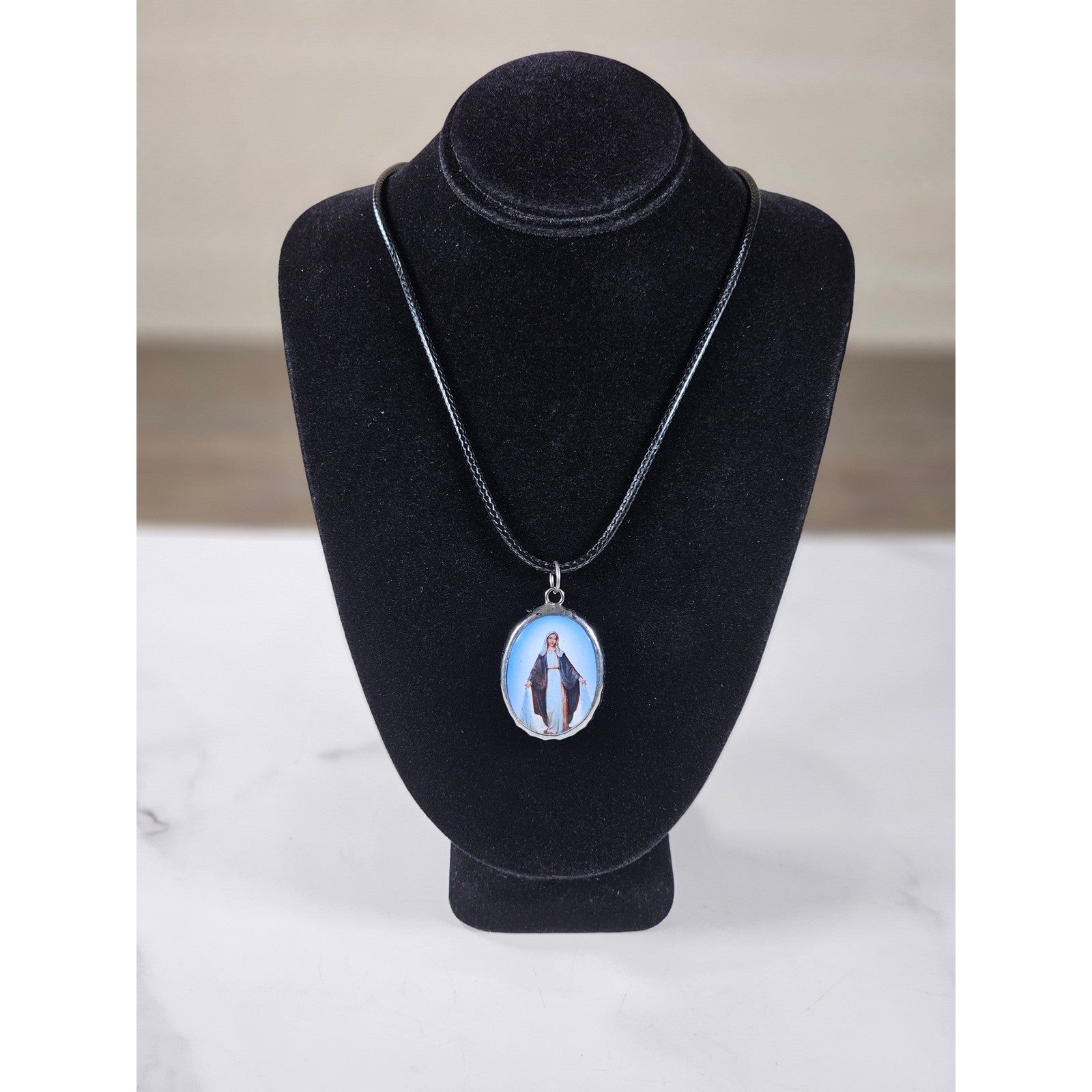 Vintage Blue Madonna Pendant Necklace with Cross Back