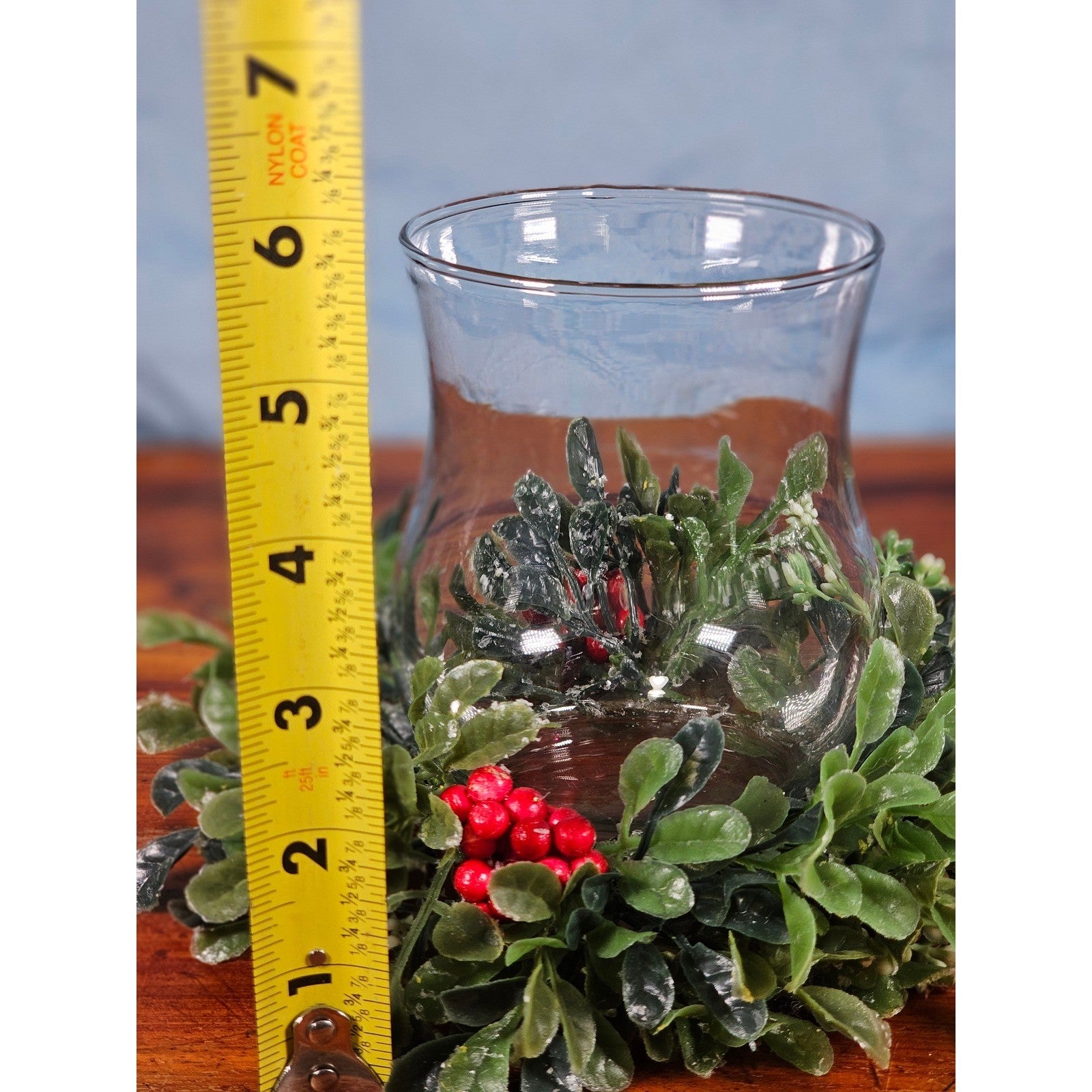 Glass Hurricane Candle Holder with Faux Greenery Ring, 6" Tall Table Decor