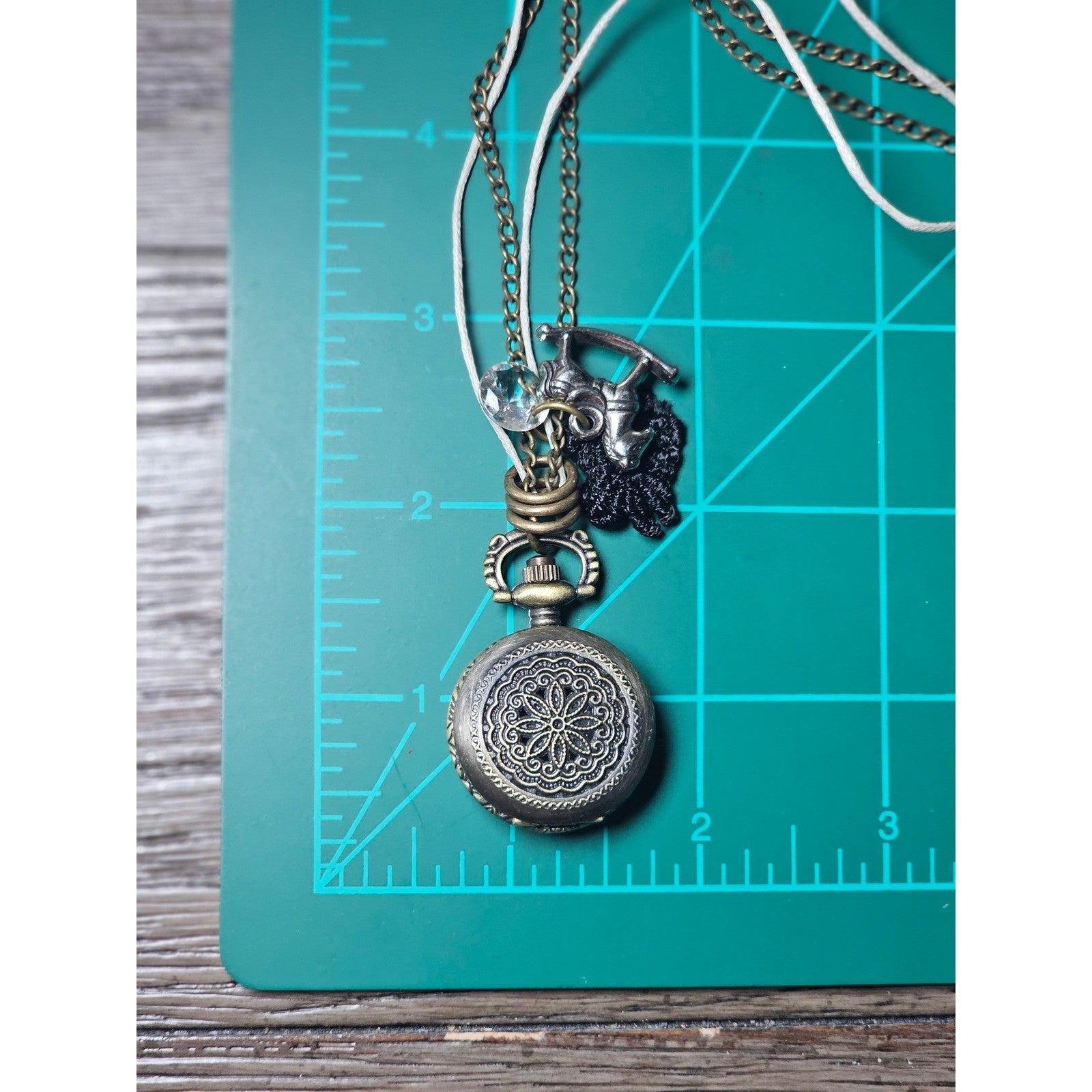 Vintage Pocket Watch Necklace Rocking Horse Charm Long Chain