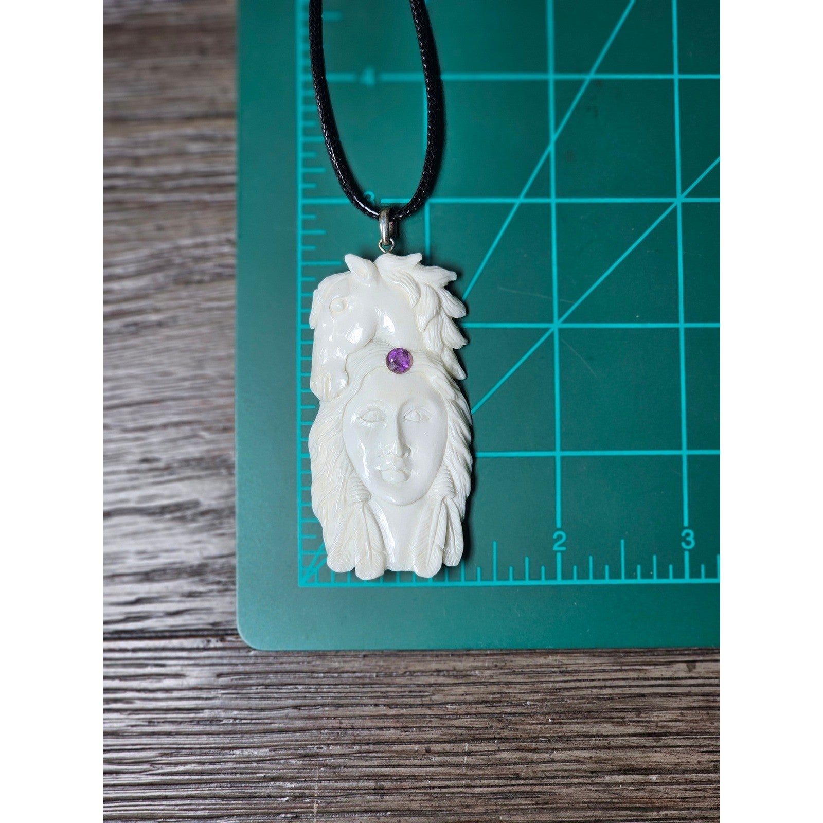 Carved Buffalo Bone Pendant Woman & Horse Motif 3x1 Inch Statement Necklace