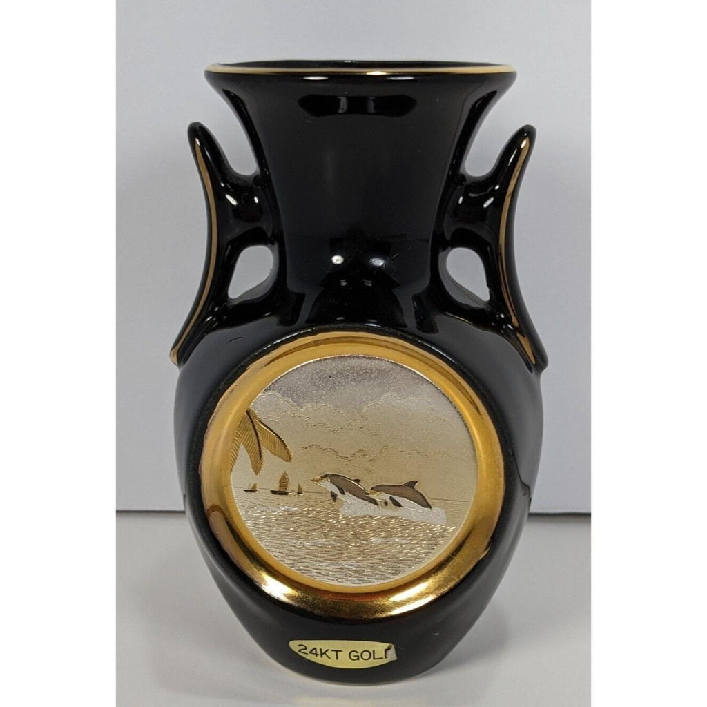 Art of Chokin Dolphin Mini Vase Black Gold Japan 5" Vintage