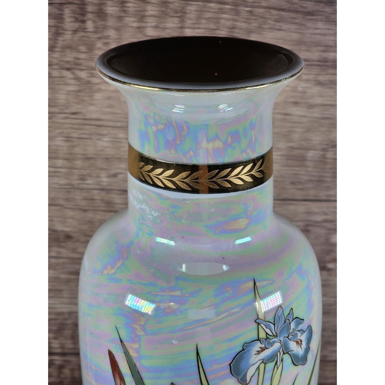 Vintage Japanese Iris Vase Hand Painted Floral Gold Trim