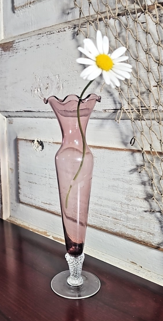 Amethyst Purple Etched Flower Bud Vase • Hand-Blown Glass • Ruffled Edge • 8″