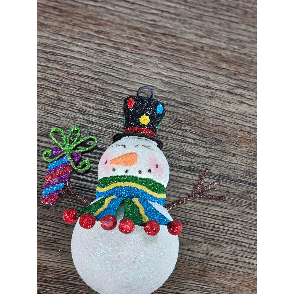 Vintage Glitter Snowman Christmas Ornament Holding Gift