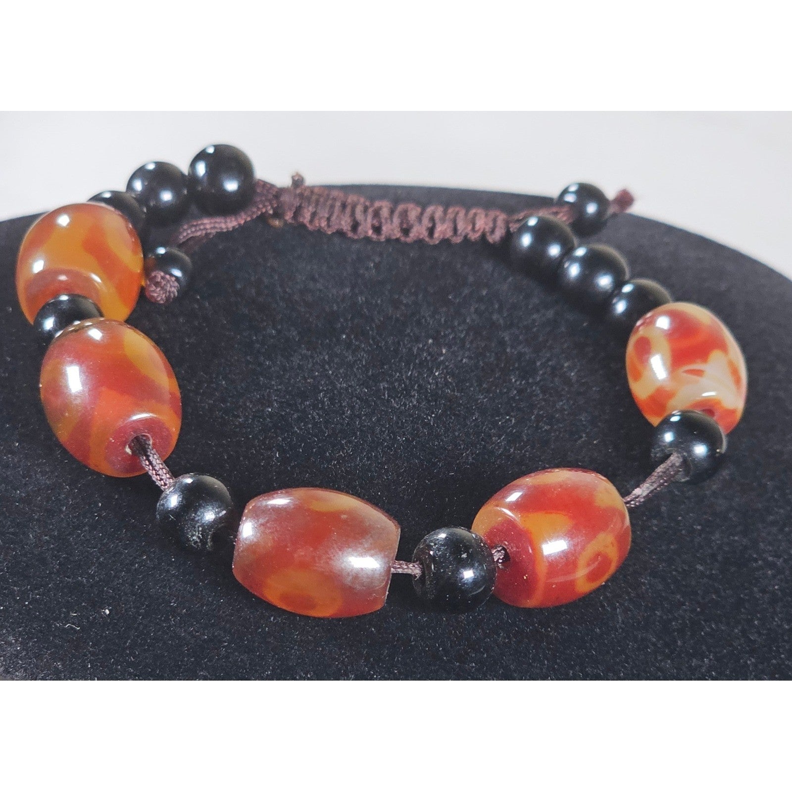 Red Orange Agate Style Beaded Bracelet Adjustable Cord Black Beads