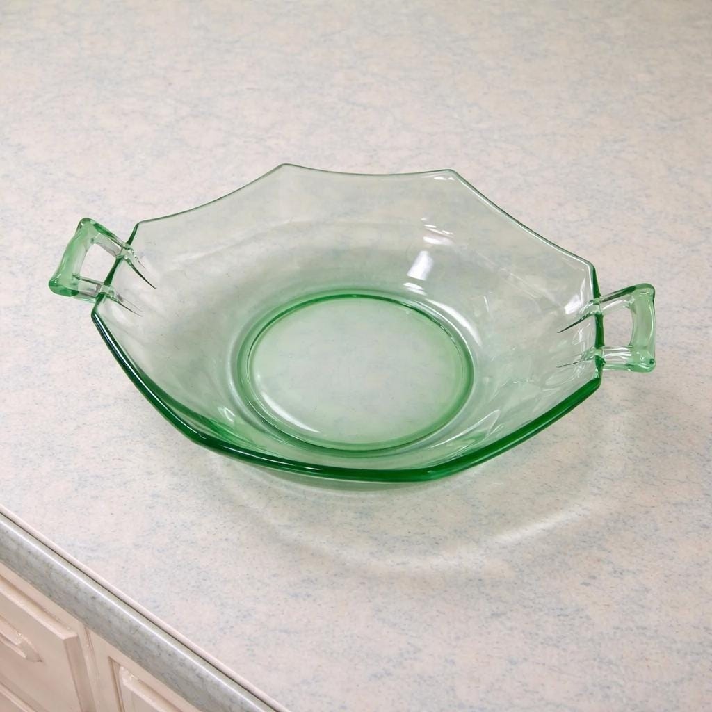 Green Glass Candy Dish Handled Vintage Serving Bowl
