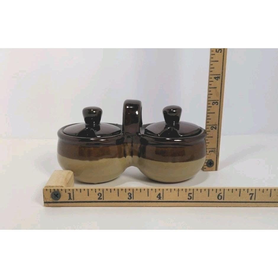 Vintage Jam Server Double Pot Brown Ceramic Lidded Condiment
