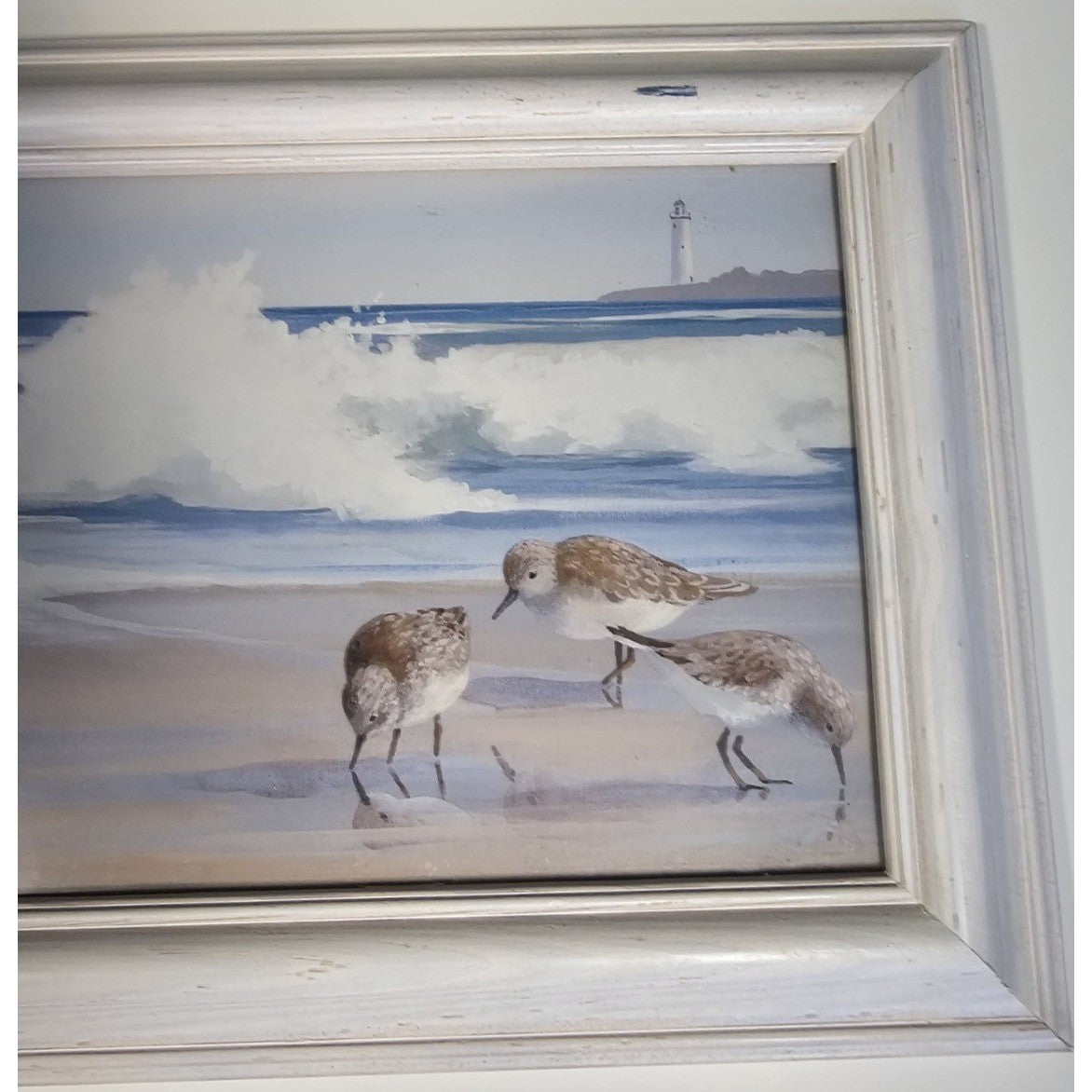 Signed Coastal Shorebirds Artwork With Lighthouse Framed Nautical Wall Art