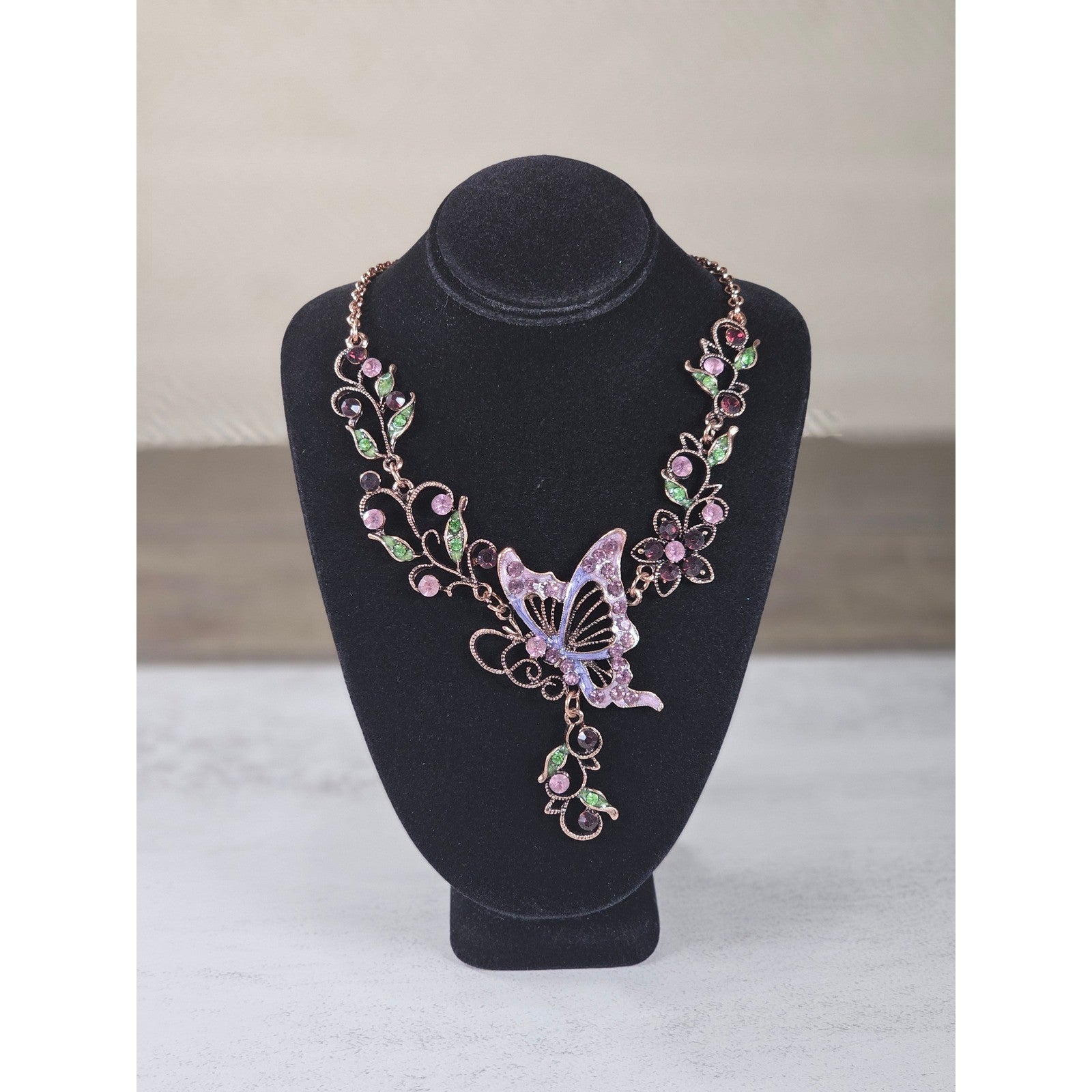 Vintage Butterfly Necklace Earring Set Purple Green Floral Gold Tone