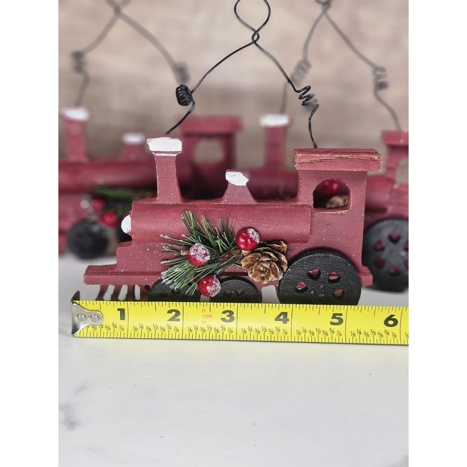 Rustic Wooden Train Ornaments Set Holiday Christmas Tree Decor Vintage Style