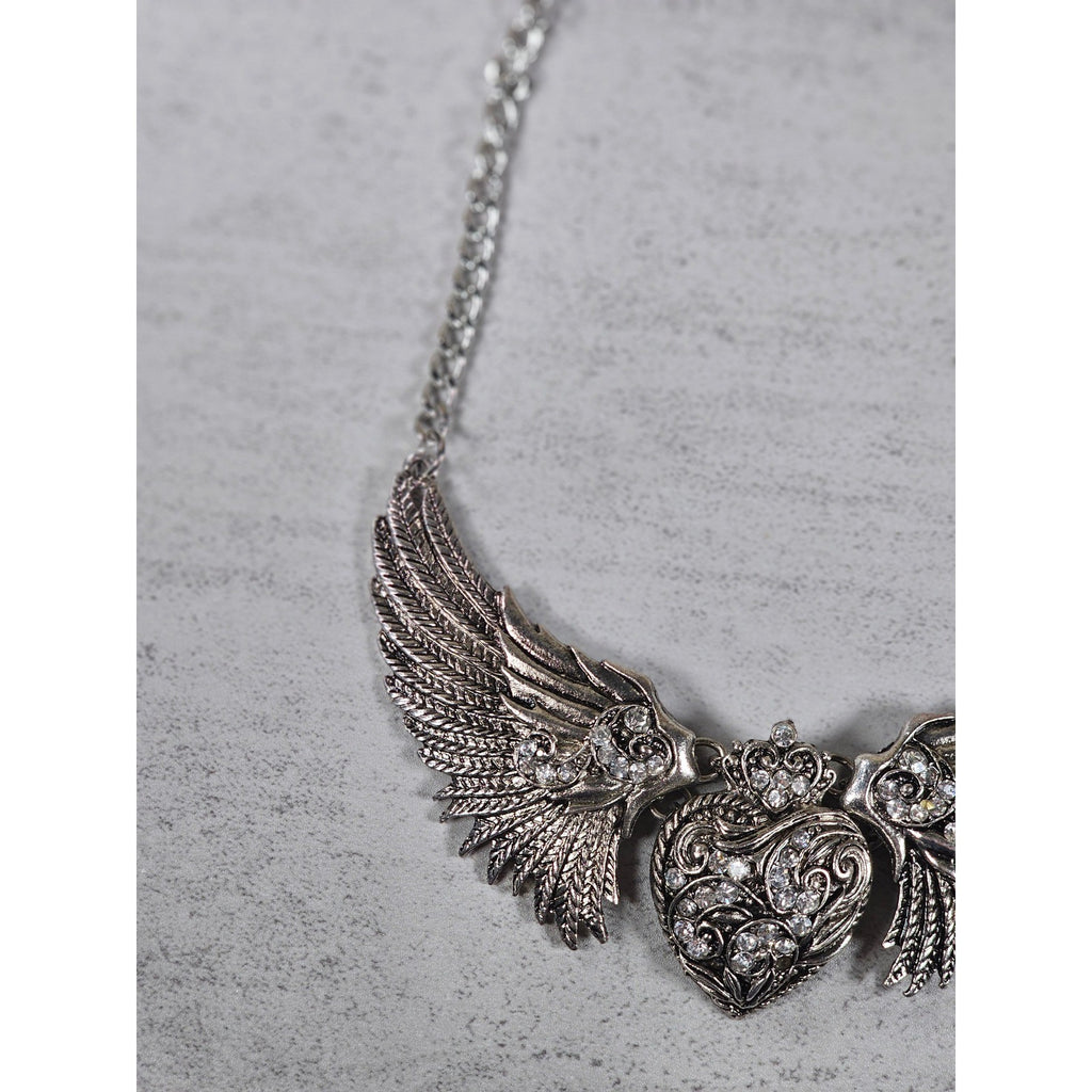 Vintage Winged Heart Rhinestone Necklace Silver Tone Statement