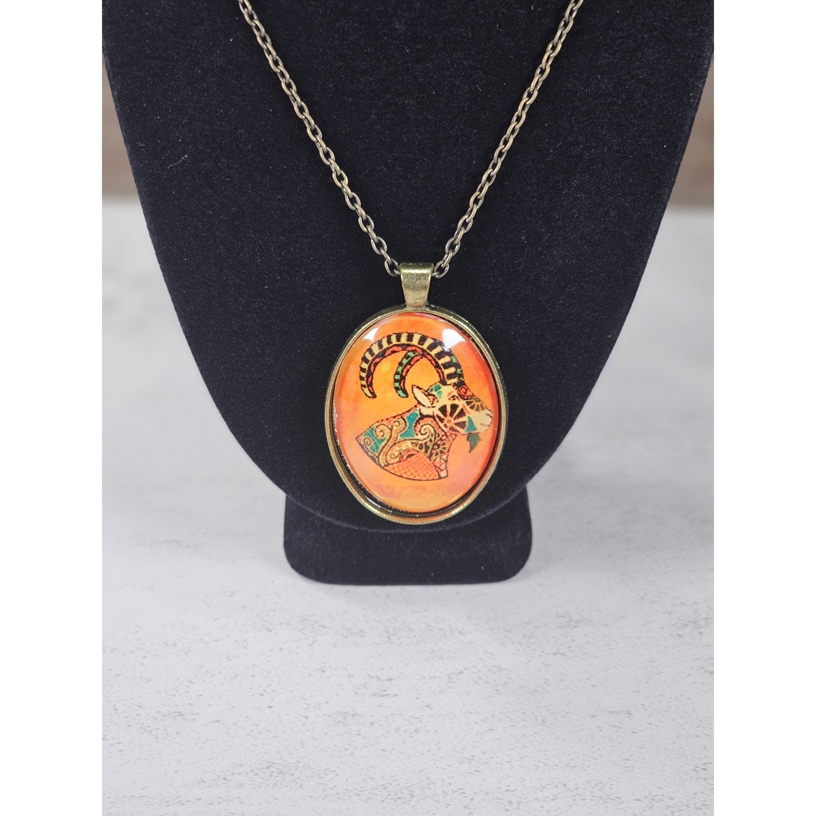 Vintage Oval Art Pendant Necklace Boho Goat Image Brass Tone