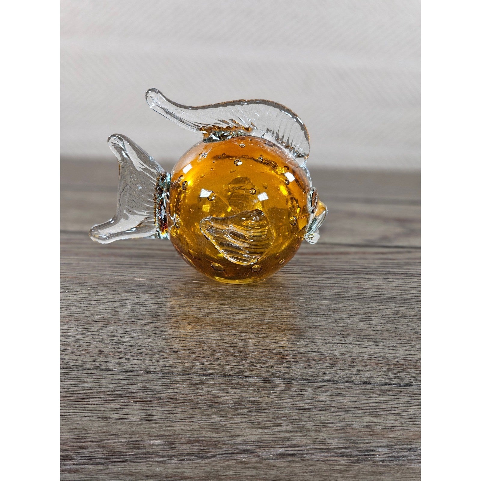Vintage Amber Art Glass Fish Figurine 5" Hand Blown Bubble Glass