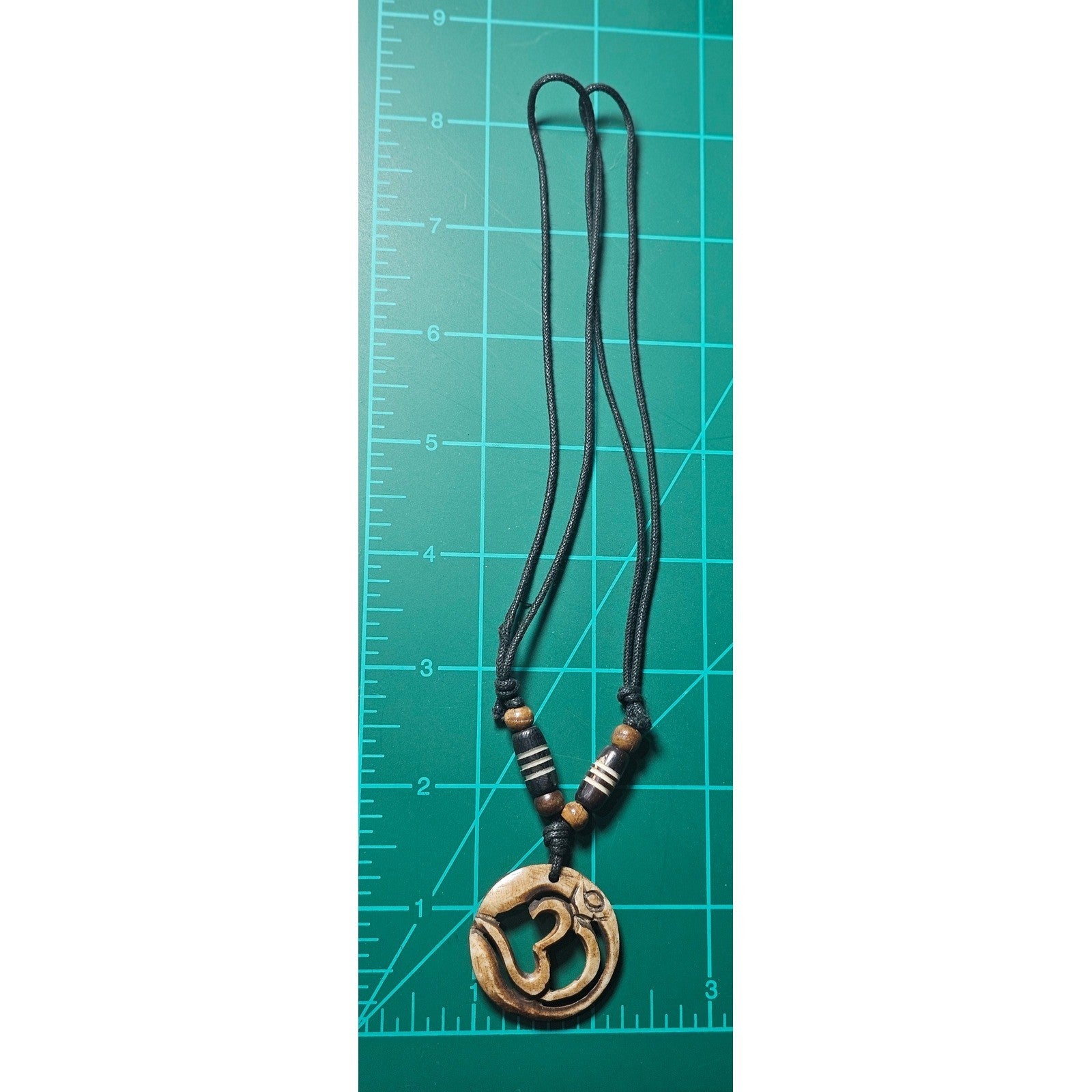 Vintage Carved Om Pendant Necklace Wood Beaded Cord Boho Yoga