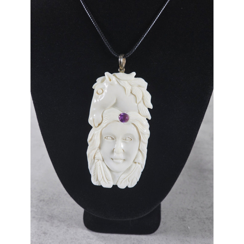 Vintage Carved Horse & Female Pendant Necklace Purple Stone