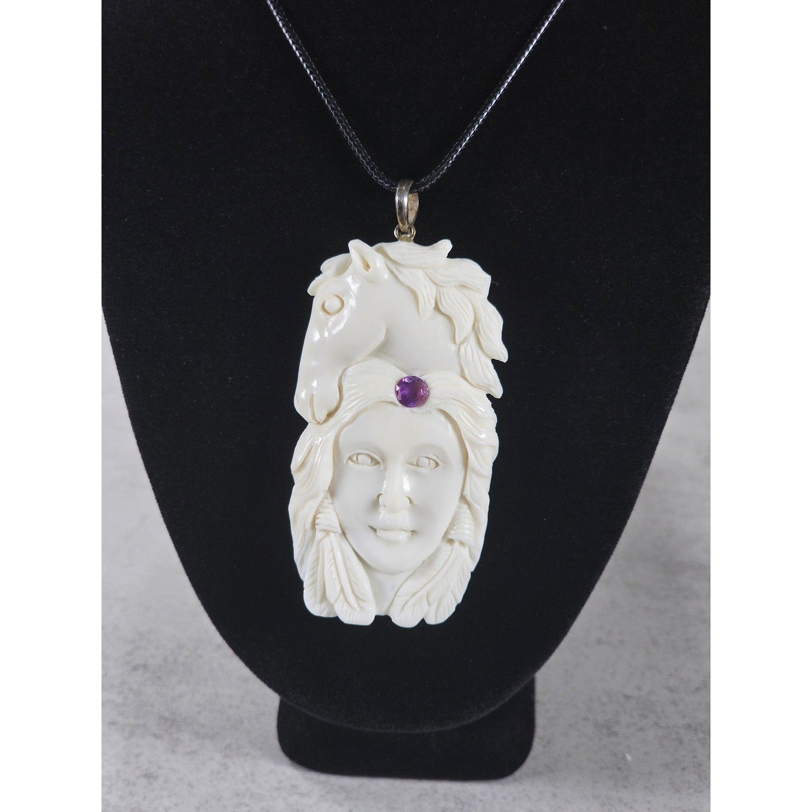 Vintage Carved Horse & Female Pendant Necklace Purple Stone
