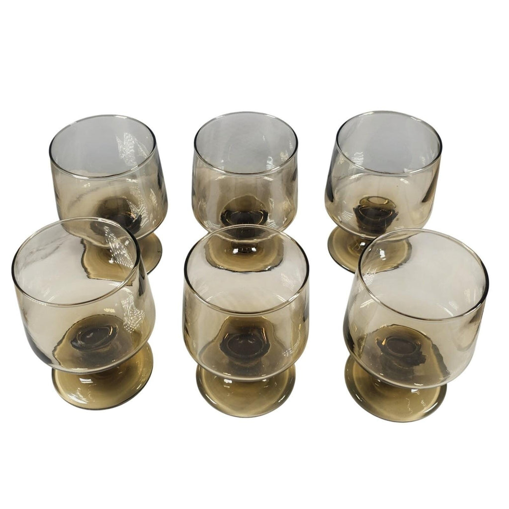 Mid Century Smokey Glass Goblets Set of 6 Vintage Footed Wine Glasses