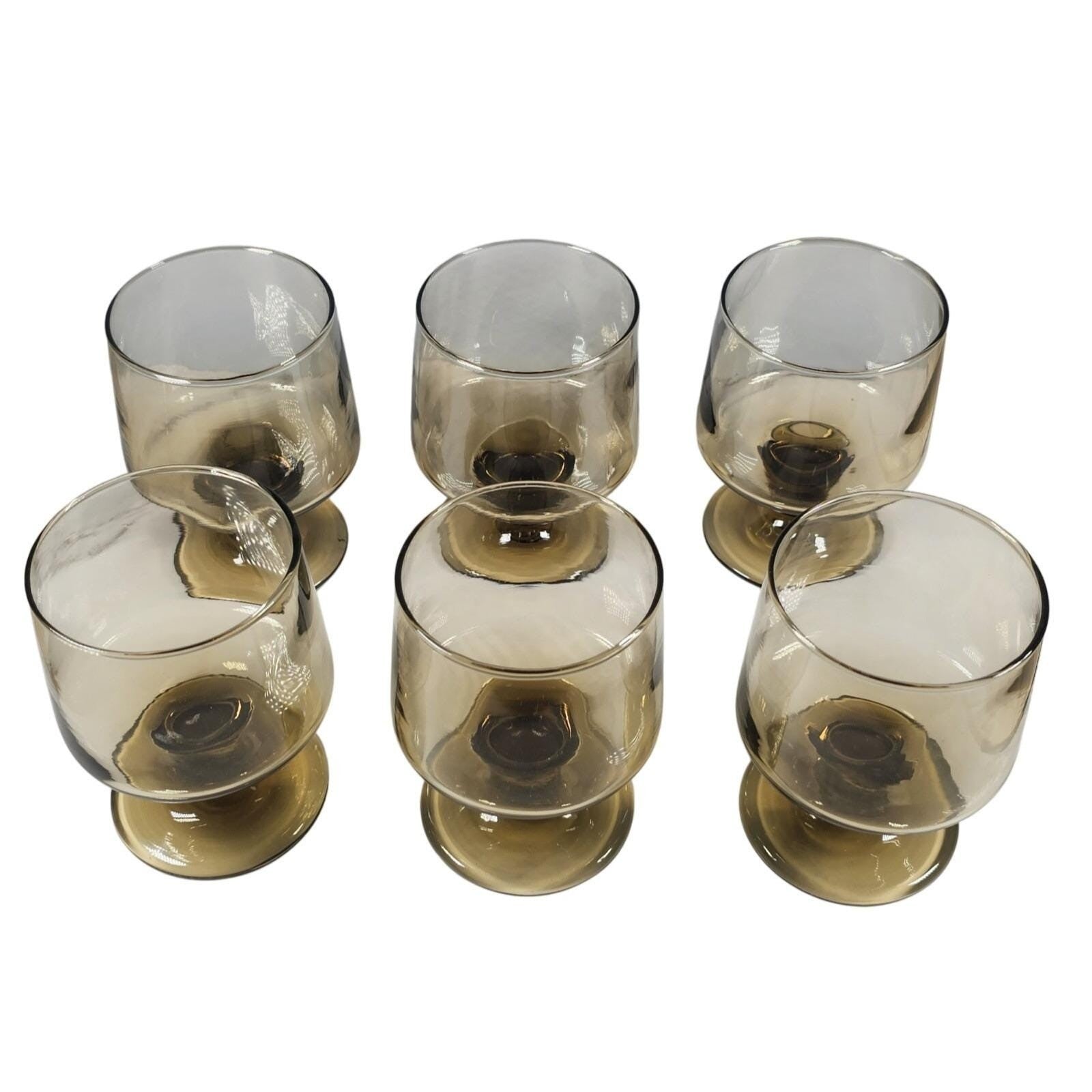 Mid Century Smokey Glass Goblets Set of 6 Vintage Footed Wine Glasses