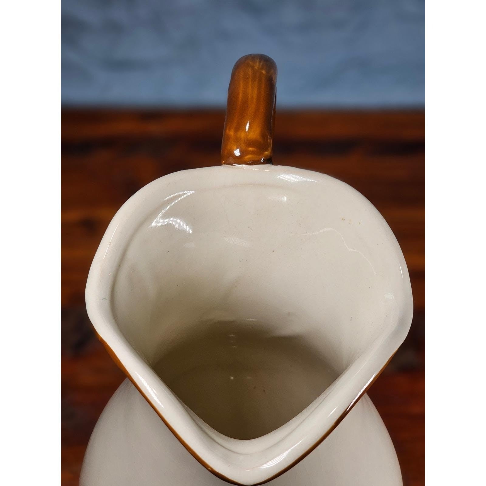 Vintage Ceramic Pitcher Cream Floral Green Brown Handle Holiday Petaluma