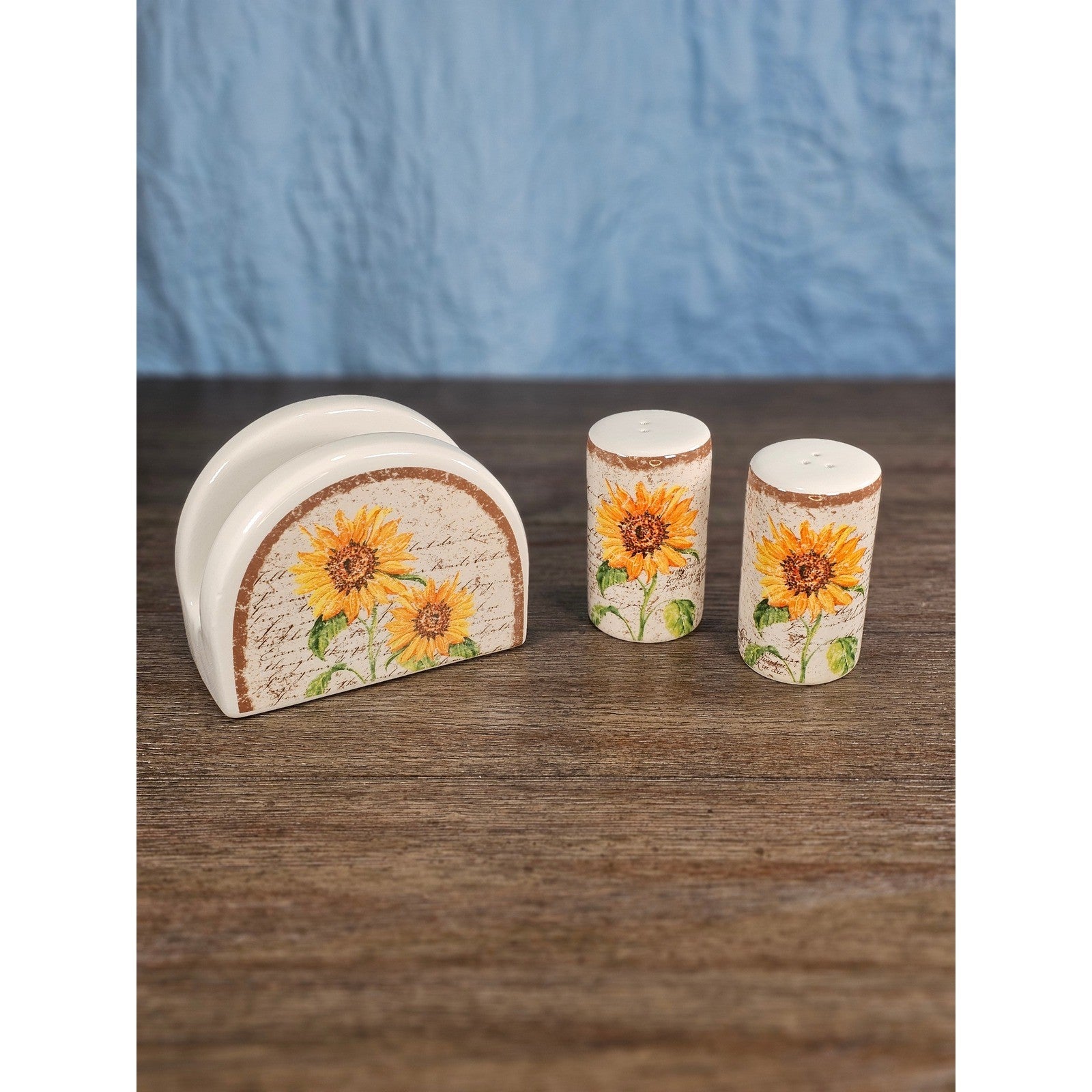 Vintage Sunflower Salt & Pepper Shakers with Matching Napkin Holder Set