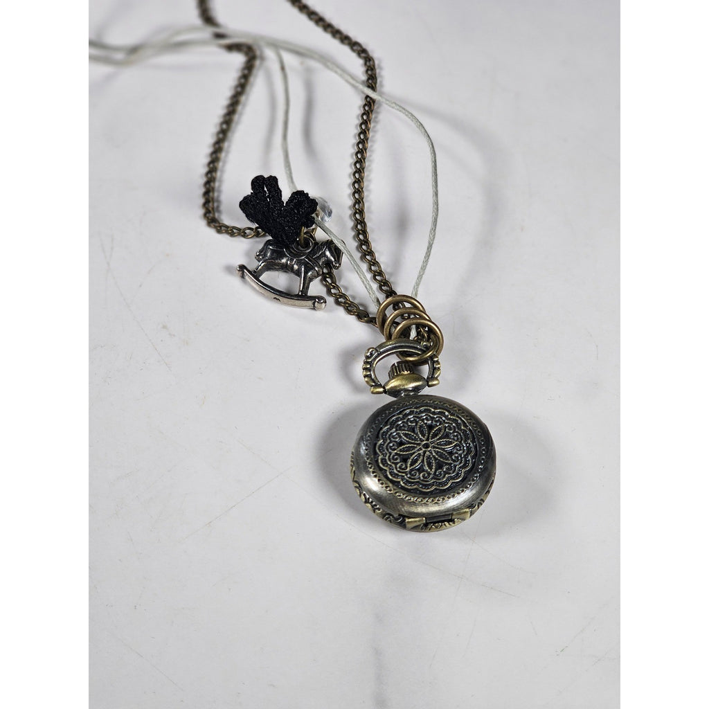 Vintage Pocket Watch Necklace Rocking Horse Charm Long Chain