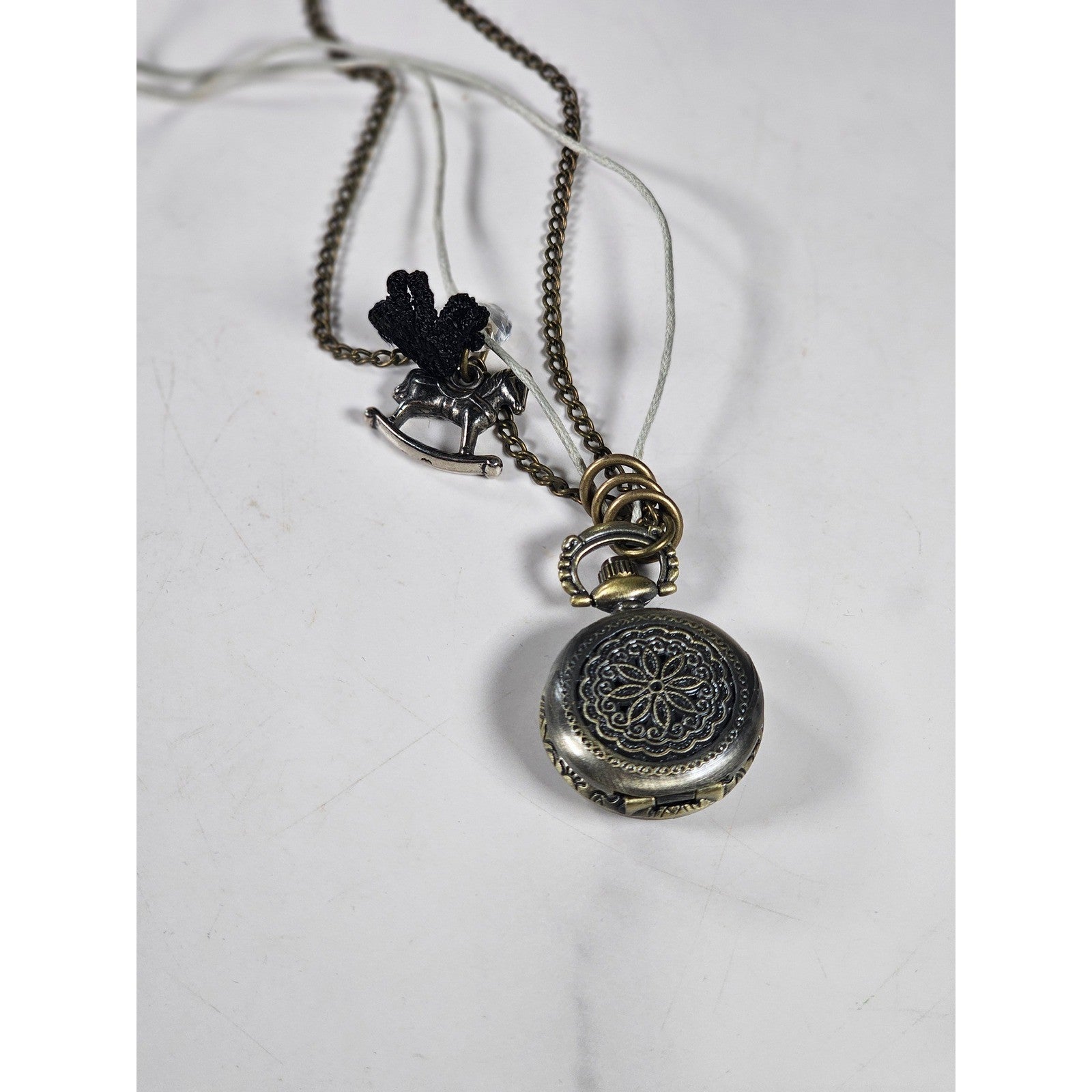 Vintage Pocket Watch Necklace Rocking Horse Charm Long Chain