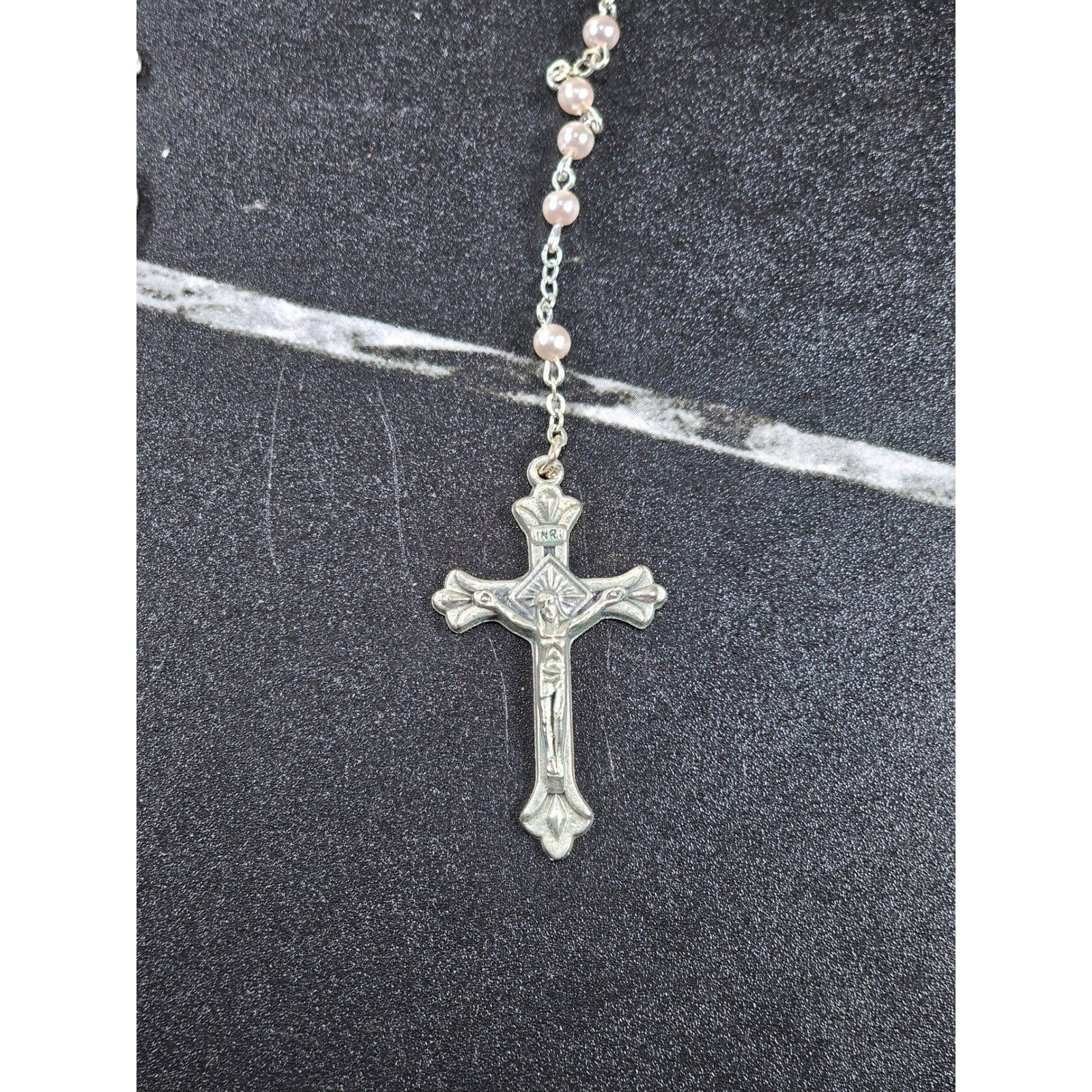 Vintage Rosary Necklace & Heart Pin Set with Case Religious