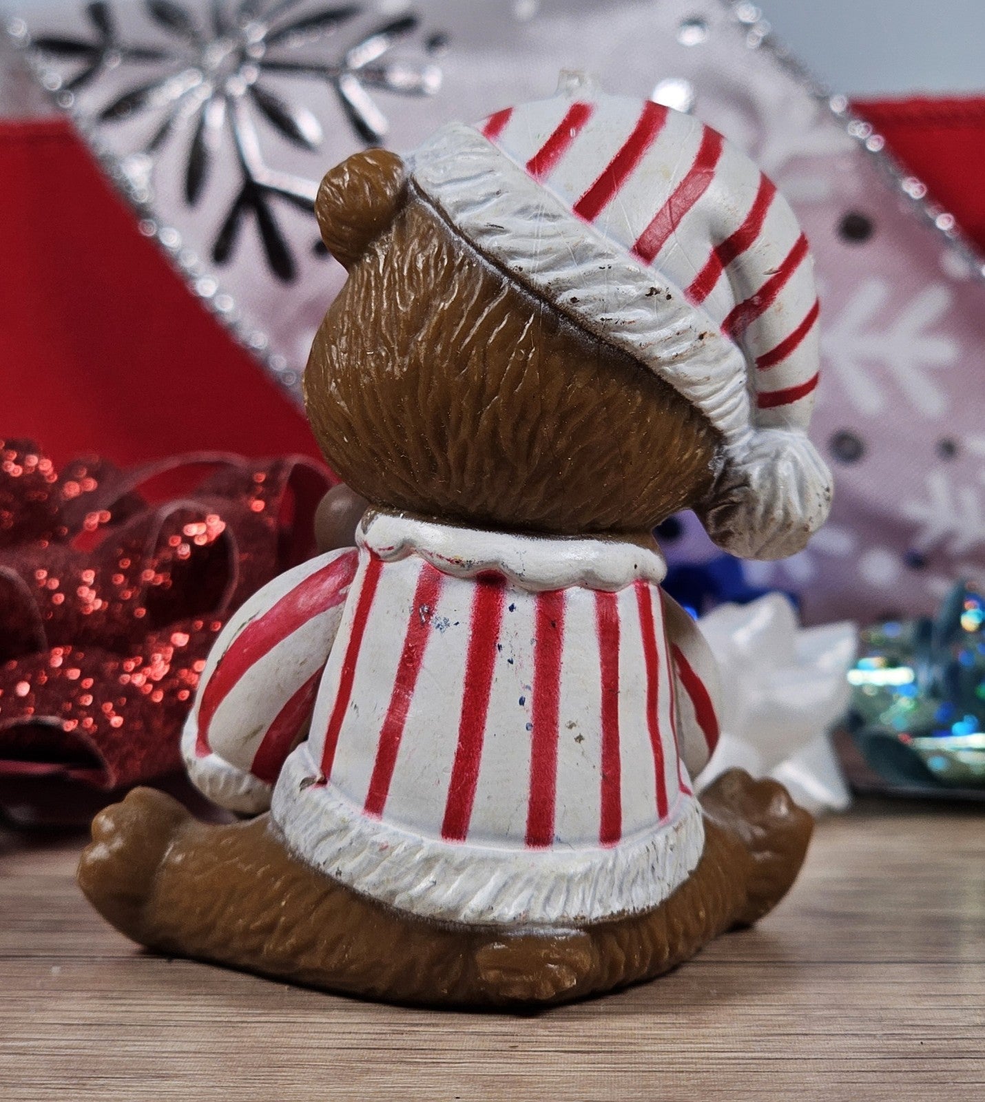 Vintage Candy Cane Pajama Bear Ornament Figurine 2.5″ Resin Holiday Decor
