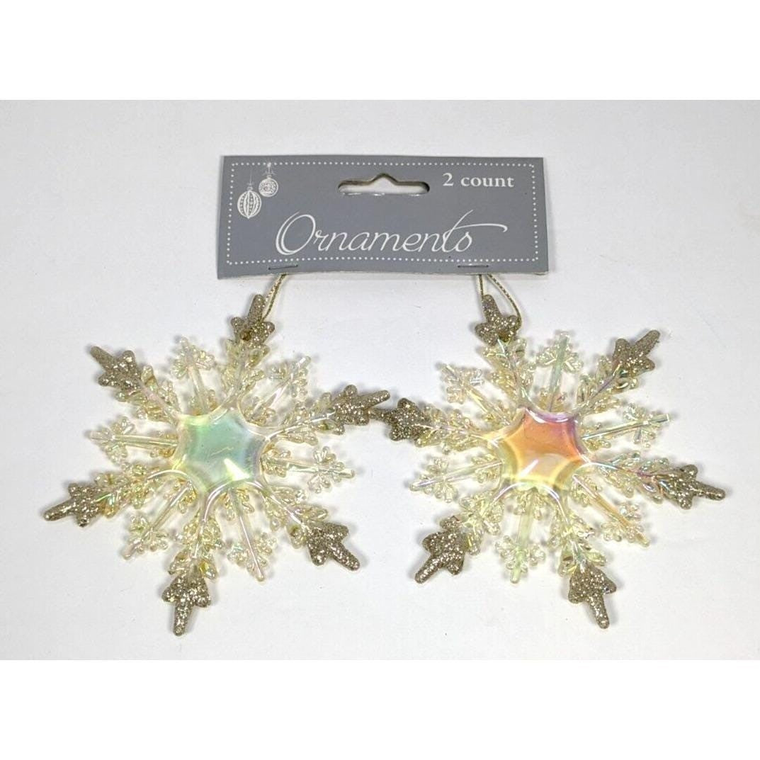 Snowflake Ornaments Set Prismatic Glitter 4 Inch Plastic