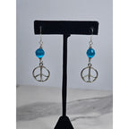 Vintage Sterling Silver Peace Sign Dangle Earrings Blue Bead .925