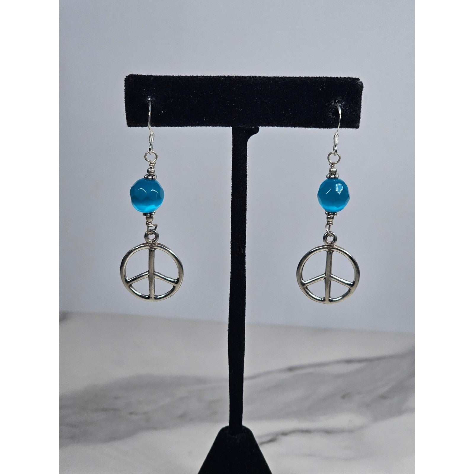 Vintage Sterling Silver Peace Sign Dangle Earrings Blue Bead .925