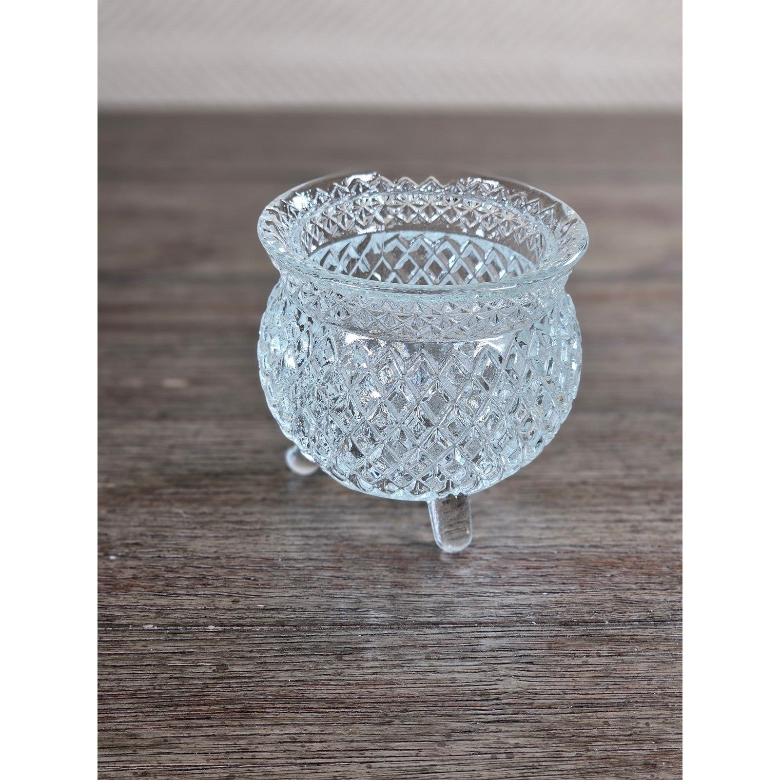 Vintage Cut Glass Footed Bowl 3x3 Diamond Pattern Trinket Dish