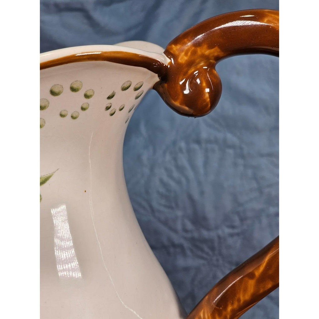 Vintage Ceramic Pitcher Cream Floral Green Brown Handle Holiday Petaluma