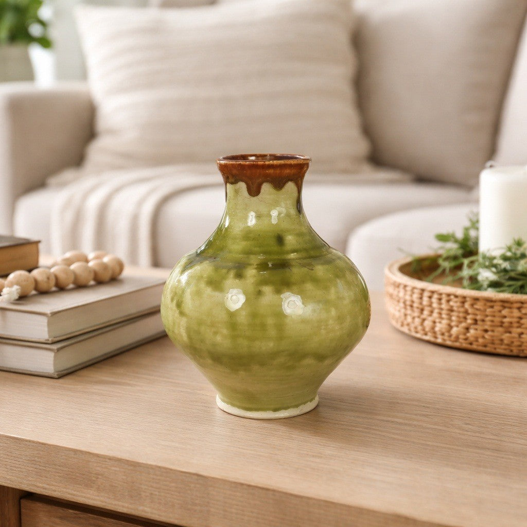 Green & Brown Drip-Glaze Pottery Vase • 5″ x 4.5″ Rustic Earth-Tone