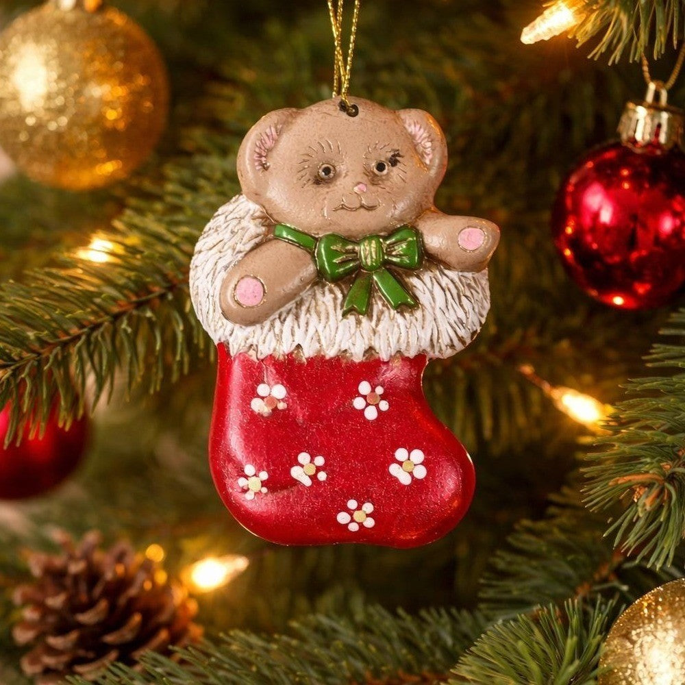 Teddy Bear Stocking Ornament Vintage Christmas Pottery Decor