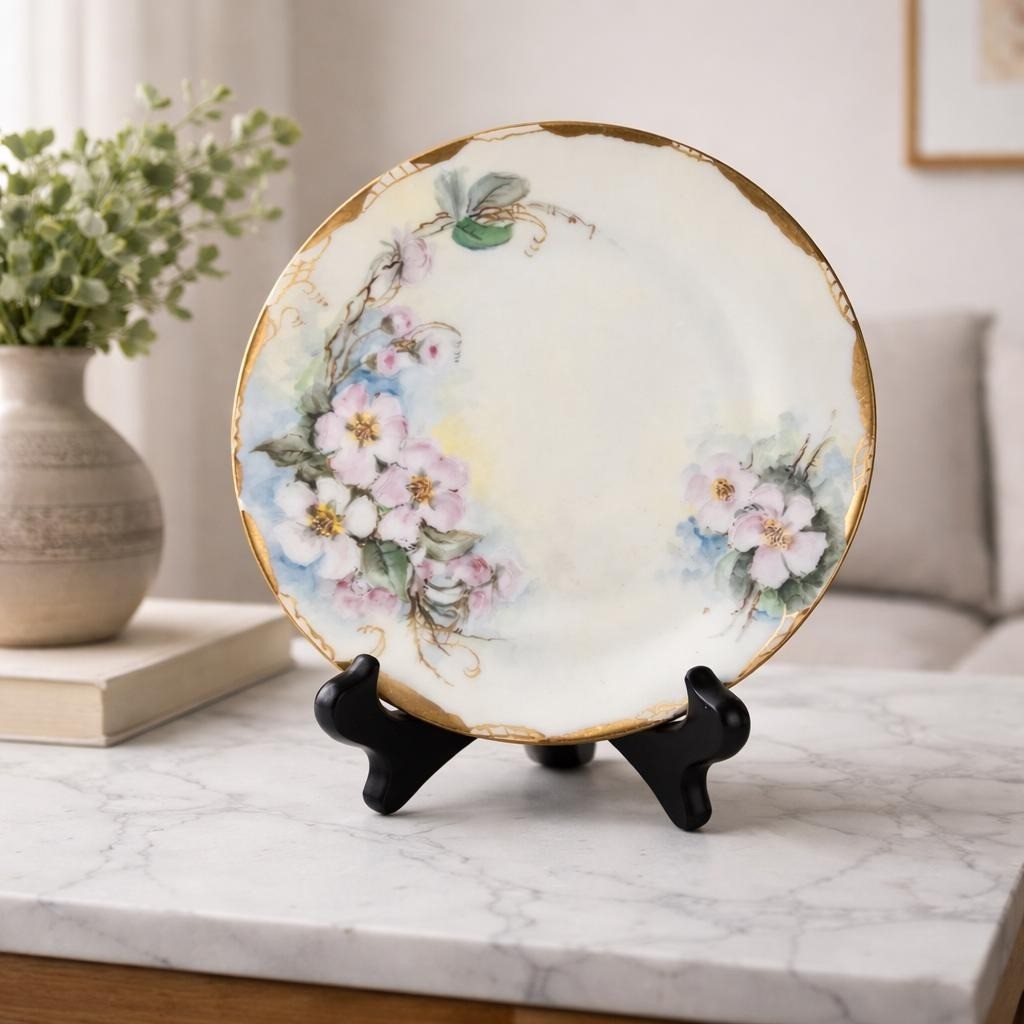 Vintage H & Co Bavaria Dogwood Plate Hand Painted Porcelain Gold Trim