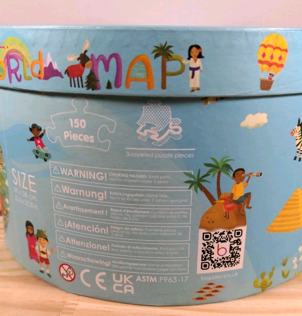 New Boppi Kids 150-Piece Round World Map Jigsaw Puzzle Laura Watson Sealed