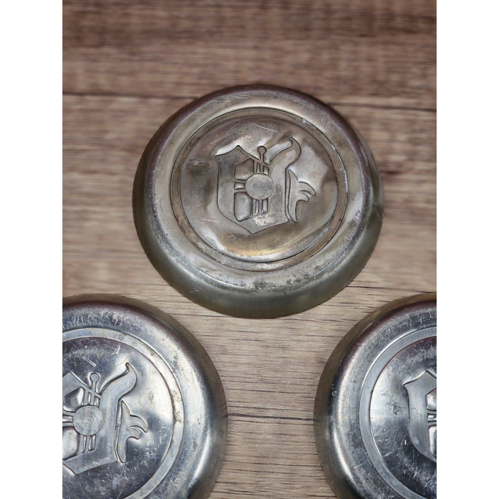 Vintage Aluminum Coaster Set of 3 Embossed D Monogram 3 3/8 Inch