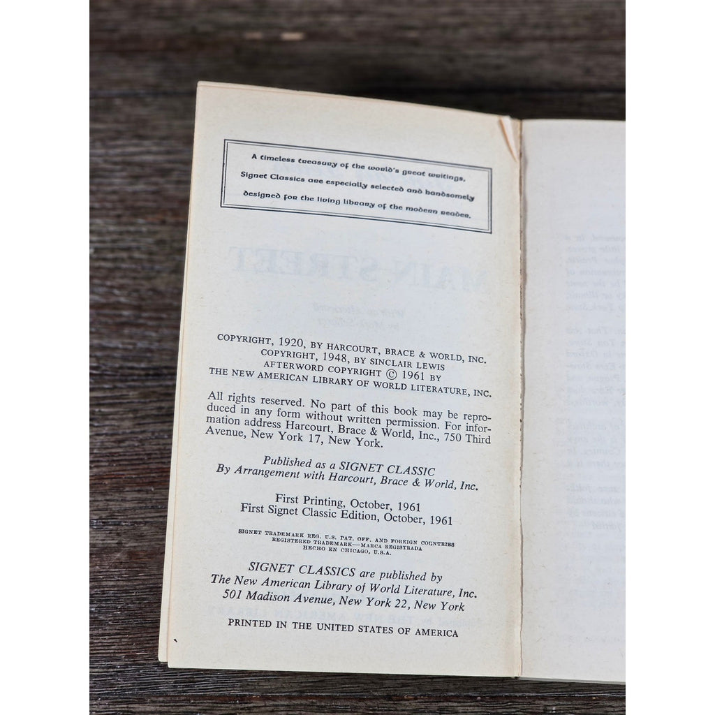 Main Street by Sinclair Lewis Vintage 1961 Signet Classic Paperback