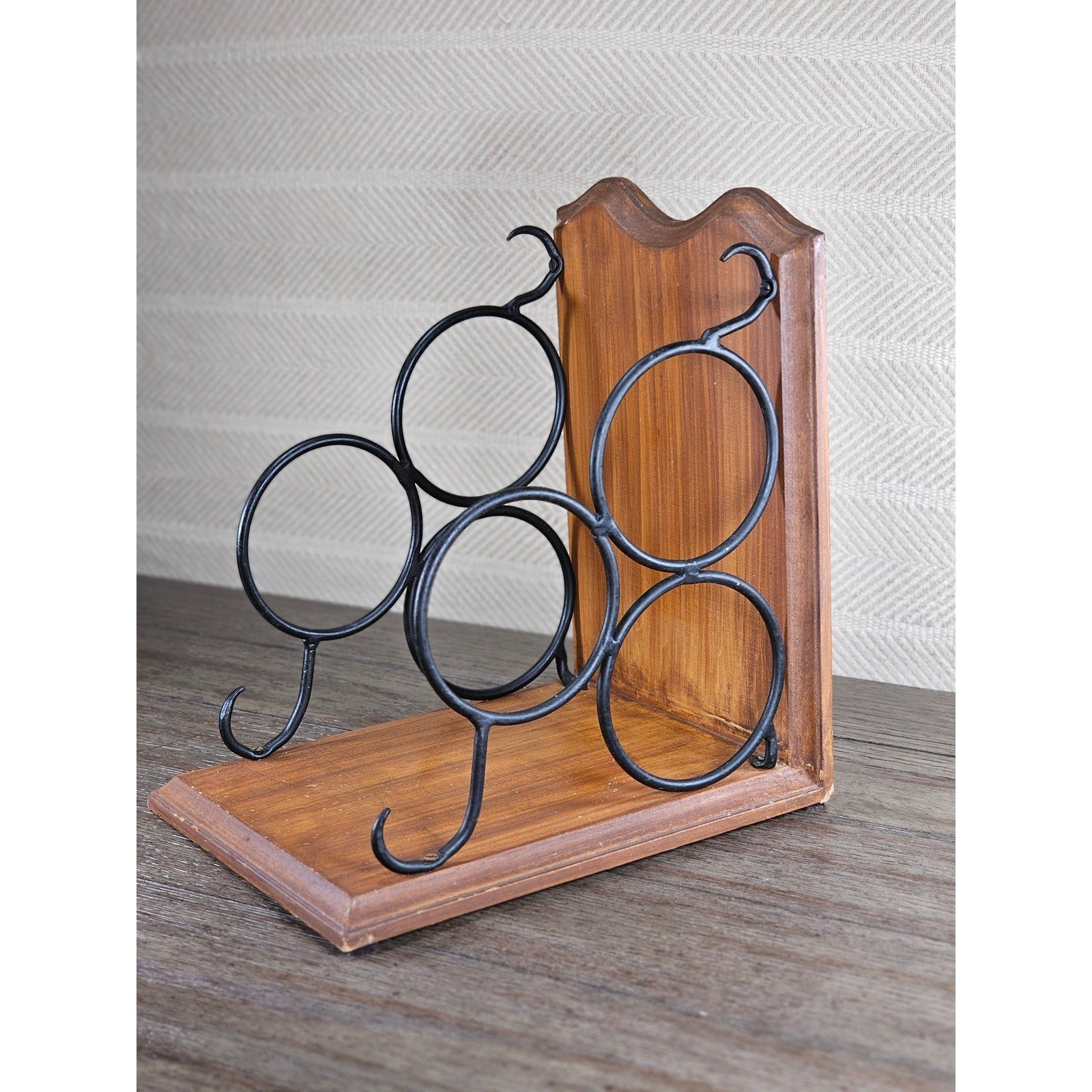 Vintage Wood & Metal Wine Bottle Holder | 3-Bottle Countertop Wine Rack